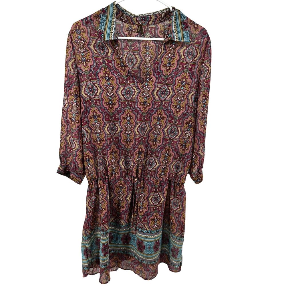 Stetson Blouson Dress Printed Collared V Neck 3/4 Sleeve Pink Multicolor Large